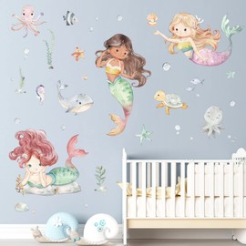 decalmile Wall Sticker Mermaid Girl Wall Sticker Under the Sea Dolphin Fish Wall Sticker Bathroom Baby Room Bedroom Wall Decoration