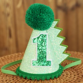 Ereniko Green Glitter Dinosaur Birthday Cone Hat for 1 Year Old Kids Boys 1st Dino Dinousour Birthday Hat Party Decoration