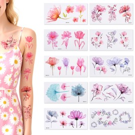10 Sheets Flower Temporary Tattoos Arm Fake Flower Tattoo Stickers Realistic Long Lasting Waterproof Floral Art Tattoos for Women, Girls Face, Body