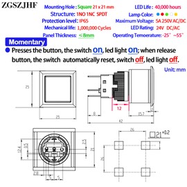 Square Momentary Push Button Switch Ultra Thin 21 * 21mm Mounting Hole with Green Light 12V-24V 1NO 1NC 5Pin On Off Waterproof Flat Button with Wire 2Pcs