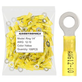 Haisstronica 100 conectores de anillo termoencogible de grado marino amarillo de 1/4 pulgadas, calibre 12-10, conectores de terminales de anillo de cobre rojo estañado de 1 mm, terminales de alambre