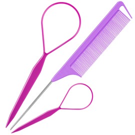 TsMADDTs TsMADDTs 3Pack Hair Loop Tool Set with 2PCS French Braid Tool Loop 1PCS Rat Tail Comb Metal Pin Tail Braiding Comb for Hair Styling, Purple