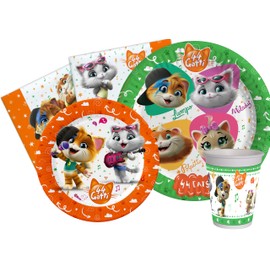 Party Tableware Party Set 44 Cats for 24 People (112 Pieces: 24 Paper Plates Diameter 23 cm, 24 Paper Plates Diameter 20 cm, 24 Cups 200 ml, 40 Napkins 33 x 33 cm)