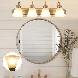 DLLT Bathroom Vanity Light Fixtures, 4-Light Brushed Nickel Wall Lighting with Glass Shades, Classic Wall Sconce for Porch Hallway Powder Room Mirror, E26 Base