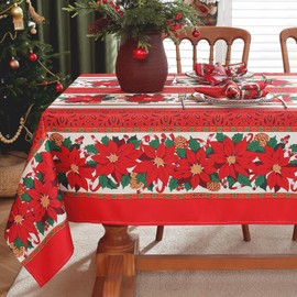 Christmas Red Tablecloth Rectangle, Vintage Poinsettia Table Cloth with Flower Pattern, Heavy Duty & Water Resistant Tablecloths for Christmas, Holiday, Winter Indoor and Outdoor Use 60×84 Inch