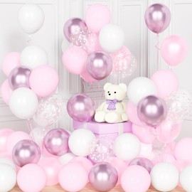 Pastel Pink White Balloons, 60Pcs 12 Inch Baby Pink White Metallic Pink Party Balloons Set with Pink Confetti Helium Latex Balloons for Birthday Wedding Girls Baby Shower Anniversary Decorations