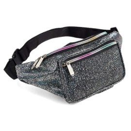 Festival Rave 80s Holographic Black Gravel Fanny Pack Waist Belt Bag For Women, Girls (Black Gravel)