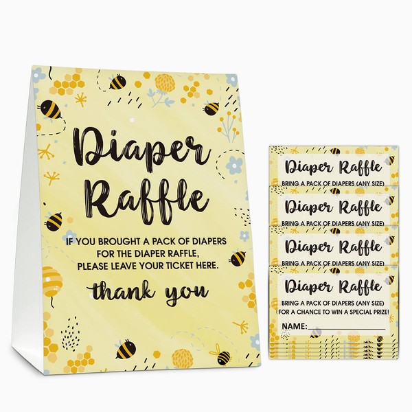 Diaper Raffle Baby Shower Game Set(1 Standing Sign + 50 Guessing Cards), Bumble Bee Diaper Raffle Tickets for Baby Shower, Honey Honeycomb Baby Shower Party Favor Decor - A20
