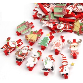 ABSOFINE 50er Weihnachten Klammern Weihnachtsdeko Holzklammern für Fotos Mini Klammern mit süßen Weihnachten Figuren Wäscheklammern Dekoklammern Holzwäscheklammern Zierklammern