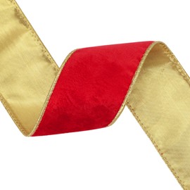 VATIN Red Velvet Wired Ribbon 1.5" Metallic Red Gold Velvet Christmas Ribbon for Floral Arrangements Wrapping Gifts Stylish Decor Creation -Continuous 5 Yards