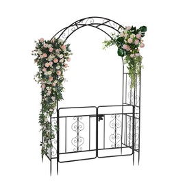 Wrought Iron Garden Arch Trellis with Arc Roof & Door - Double Layer Black Metal Plant Support for Climbing Flowers, Roses, Vines (83.9" H x 53" L x 23" W)