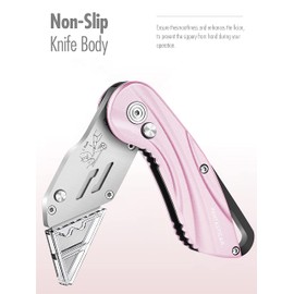 FantastiCAR Folding Box Cutter, Quick Blade Change Utility Knife, with Anti-slip Metal Body, Safety Lock, 5 Extra Blades (Pink Streamline)