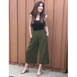TARSE Women's Linen Pants High Waisted Casual Capris Cropped Pants Army Green Pants for Women Wide Leg Army Green M