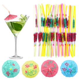 500 Pcs Umbrella Parasol Drinking Straws, Luau Party Decorations Umbrella Cocktail Straw Disposable Straws Drinking Plastic for Summer Beach Hawaiian Luau Party Decorations