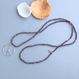 KELITCH Classic Peace Sign Necklace Love Hippie Pendant Frosted Crystal Beaded Necklace (Purple F)