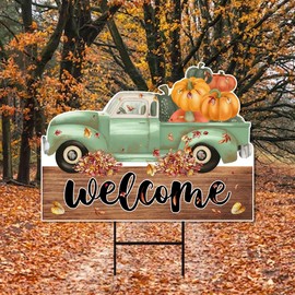 Thanksgiving Outdoor Decorations Yard Sign, Fall Welcome Harvest Pumpkins Decor, Pumpkins Trucks Thanksgiving Yard Sign with Metal H-Stake, VP3872