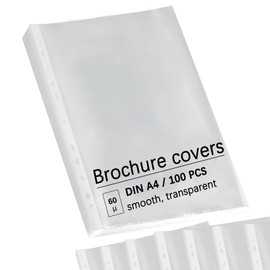 A4 Clear Wallets, Pack of 100, Open Top Punched Plastic Sleeves for Documents, Files, Papers, Lever Arch Files, Transparent, PP Material, 60 Micron