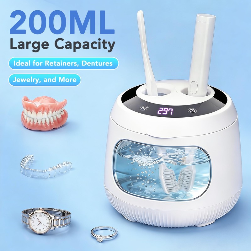 Xbeauty 48kHz Ultrasonic Retainer Cleaner Machine 200mL Cleaning Pod, White