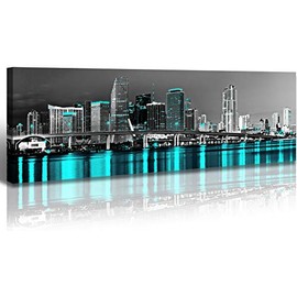 Miami Canvas Wall Art Black White Teal Turquoise Panoramic Cities NY Beach Skyline Night Cityscape Urban Skyscrapers and Bridge Modern Artwork Home Decoration Stretched and Framed Ready to Hang 14"X48 "
