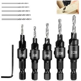 Wood Countersink Drill Bit Set, 5pcs Quick Change Adjustable Countersink Drill Bit Set, 5pcs Free Replaceable Drill Bits with One Hex Wrench, Depth Adjustable Drill Bits for #5 6 8 10 12