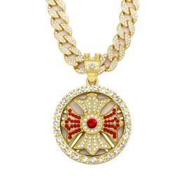 Leashelllinco Rotatable Pendant Necklace Shiny Rhinestone Iced Out Round Spinner Pendant Jewelry Hip Hop Fake Diamond Cuban Link Chain (Cross Gold)