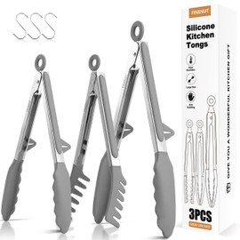 FINENUT Stainless Steel&Silicone Food Tongs Set of 3 (9+9+12 Inch) - BPA-Free&Heat Resistant Non-Scratch BBQ&Cooking Tools,Strong Grip Locking for Grilling,Pasta,Air Fryer,Salad,Dishwasher Safe (Gray)