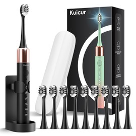 Kuicur Sonic Electric Toothbrush for Adults and Kids, Comes with 10 Brush Heads & Travel Case, 5 Modes with 2 Minutes Built in Smart Timer, One Charge for 90 Days, 42,000 VPM Motor (Black)