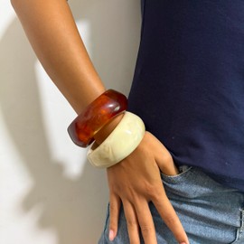 2PCS Chunky Acrylic Bracelet for Women Large Square Resin Cuff Vintage Open Bangle Bracelets Wide Geometric Jewelry (K-Red+Beige)