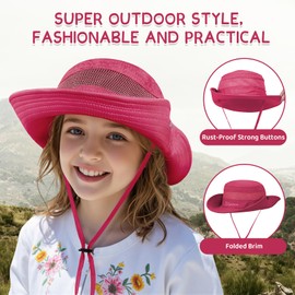 Durio Outdoor Kids Sun Hat UPF50+ Sun Protection Kids Bucket Hat Wide Brim Fishing Beach Hiking Safari Hats for Boys Girls Rose Red 5-13 Years
