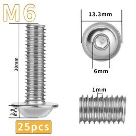 Pack of 25 Rounded Head Screws M6 x 30 Stainless Steel Screws A2 V2A Flat Head Screws ISO 7380 Rounded Head Screws Rustproof Screws Threaded Screws Full Thread with Flange, Hexalobular and Hex Key