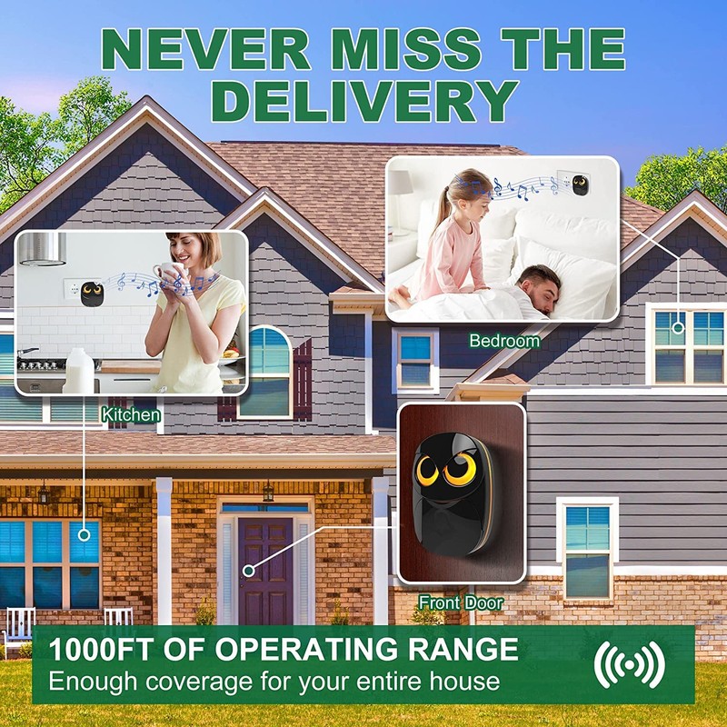 Wireless Doorbell, Cute Owl Doorbell Weatherproof IP55 Outdoor Remote Push