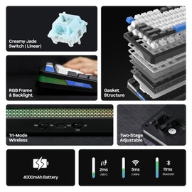 EPOMAKER TH85 QMK/VIA Wireless Gaming Keyboard, BT5.0/2.4GHz/USB-C, Hot Swappable Pre-lubed Custom Creamy Jade Linear Switches, Gasket Creamy Keyboard for PC/Mac/Office/Gaming (Black&White&Blue)