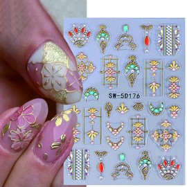 2 Sheets Sun Moon Nail Stickers 5D Embossed Bohemian Style Nail Art Stickers Self-Adhesive Gold Lace Lines Gems Stars Design Nail Art Supplies Star Nail Decals for Women Girls Acrylic Nail Salon DIY