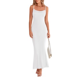 PRETTYGARDEN Solid Color Spaghetti Strap Summer Dresses for Women 2025 Trendy Stretch Bodycon Maxi Wedding Guest Dress (White, Medium)