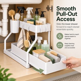 2-Tier Under Sink Organizer for Kitchen & Bathroom – Stainless Steel Pull-Out Cabinet Storage Rack with Drawer
