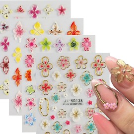 4 Sheets Flower Nail Art Stickers 5D Self Adhesive Spring Nail Stickers for Nails Art Colorful Flower Nail Decals Embossed Design Cute Nail Sticker for Women DIY Acrylic Nails
