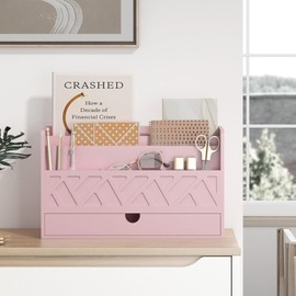 Wisuce Bamboo Mail Organizer Countertop Desktop with Drawer - All-in-One Desk File Organizer with Pencil Holder (Pink)