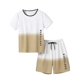 Floerns Boy's 2 Piece Outfits Letter Print Short Sleeve Tee & Drawstring Waist Track Shorts Set Khaki and White 10Y