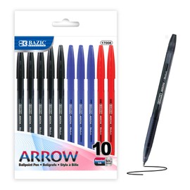 BAZIC Arrow Ballpoint Pens, 1.0 mm Medium Point Assorted Colors Stick Pen, Smooth Writing for Office School Teacher, 10 Count, 1-Pack