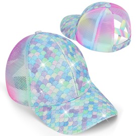 BROMZ Girls Glitter Baseball Cap Kids Ponytail Hat Adjustable Summer Mesh Trucker Hats for 4-12 Years Blue
