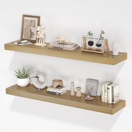 FLYJOE Floating Shelves for Wall, 40" W x 8" D x 1.5" H, Wooden Wall Mounted Display Shelves with Invisible Brackets for Living Room, Bedroom, Bathroom, Kitchen Decor and Storage, Set of 2, Oak