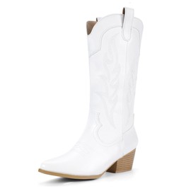 IDIFU White Cowgirl Boots Cowboy Boots for Women Western Boots Mid Calf Chunky Low Heel Pointed Toe Embroidered Country Boots Cute Fashion Booties for Women Dress Wedding Heeled Boots(White, 8.5)