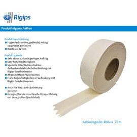 Rigips® Paper Joint Cover Strips [52 mm x 23 m Roll] Paper Reinforcement Strips Tear-Resistant Joint Tape for Plasterboard in Drywall