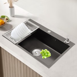 Black Kitchen Sink,Single Bowl Flushmount/Topmount/Undermount Bar Sink Workstation Sink,Stainless Steel Prep Sink with Drain Basket and Soap Dispenser kit (Black)