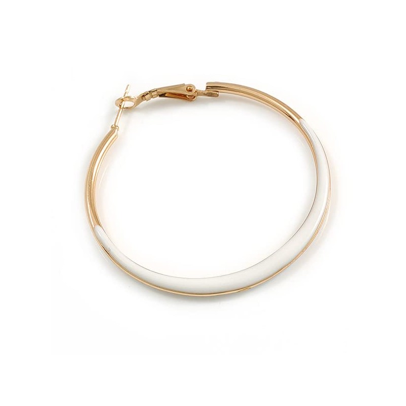 50mm Diameter/Gold Tone with White Enamel Hoop Earrings/Large Size