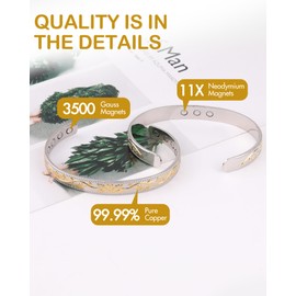 Feraco Copper Bracelet for Women, Ultra Strength Magnetic Bracelets, 99.99% Pure Copper Cuff Bangle with 3500 Gauss Neodymium Magnets, Adjustable (Silver & Gold)