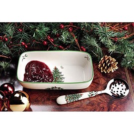 Spode Christmas Tree Design- Cranberry Bowl with Slotted Spoon- White Porcelain