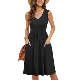 RUMIA Summer Casual Midi Dresses for Women Vocation 2025 Women's Elastic Waist Sleeveless Knee Length Sundresses with Pockets Loose Fit Black L