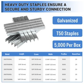 meite T50 Staples, 1/4 Inch Length Heavy Duty Staples for Staple Gun, Galvanized, 3/8 Inch Crown, Compatible with T50 Staple Gun, Ideal for Upholstery, Construction, Furniture (5,000 Counts)