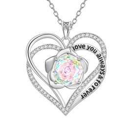 Birthstone Love Heart Pendant Necklace - 925 Sterling Silver Rose Cut Cubic Zirconia I Love You Necklace Anniversary Birthday Jewelry Gift for Women Wife Mom Daughter (D.April)